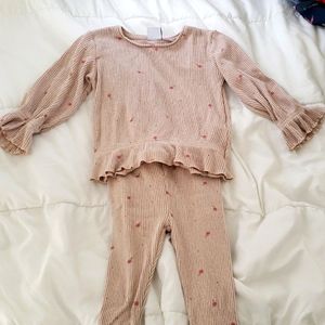 Ribbed flower long-sleeved shirt and pant set